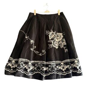 Talbots Linen Silk Floral Embroidered Sequins Pleated Skirt SZ 6 Black White